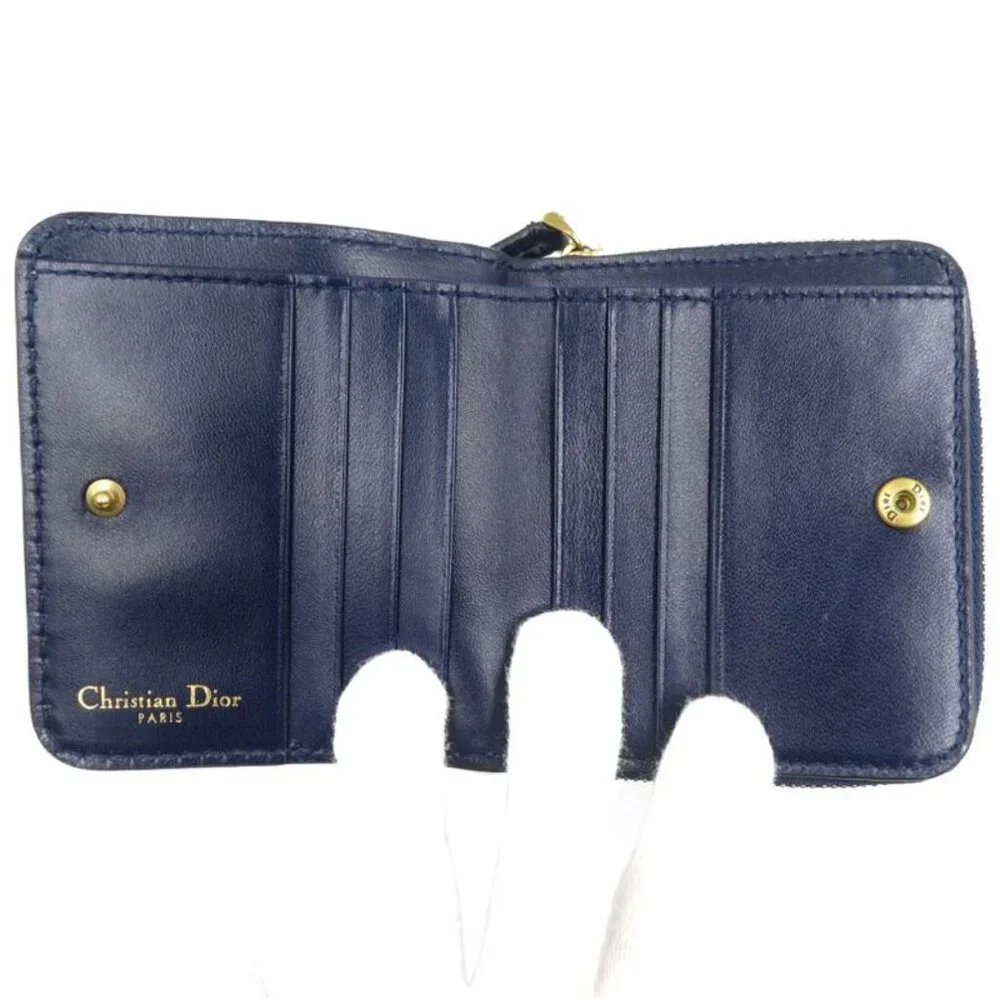 Christian Dior Bee Leather Gold Hardware Navy Blue Bifold Wallet 1128